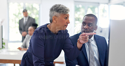Buy stock photo Computer, research and businessman with mentor in office, discussion and risk management on website. Corporate, business meeting and people with tech, credit underwriter and advice for assignment