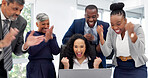 Team, cheering and business people with laptop in office, lawyer and happy for court judgment on web. Clapping, legal attorney and excited with tech in law firm, success and celebration with group