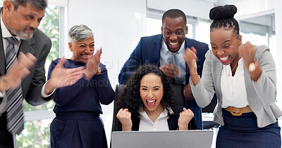 Buy stock photo Team, cheering and business people with laptop in office, lawyer and happy for court judgment on web. Clapping, legal attorney and excited with tech in law firm, success and celebration with group