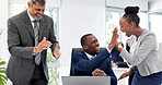 Excited, high five and business people with laptop in office, success or applause for court judgment. Clapping, legal attorney and laugh with tech in law firm, achievement and celebration with team