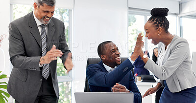 Buy stock photo Excited, high five and business people with laptop in office, success or applause for court judgment. Clapping, legal attorney and laugh with tech in law firm, achievement and celebration with team