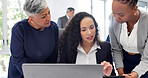 Businesswomen, discussion and team with laptop in office, risk management or planning for assignment. Corporate, business meeting and people with tech, credit underwriter and financial review on web