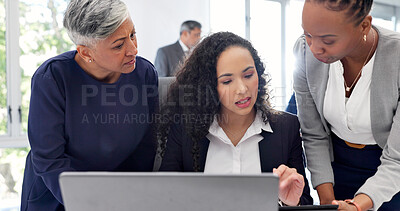 Buy stock photo Businesswomen, discussion and team with laptop in office, risk management or planning for assignment. Corporate, business meeting and people with tech, credit underwriter and financial review on web