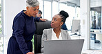 Businesswomen, advice and team with laptop in office, risk management or discussion with assignment. Corporate, business meeting and people with tech, underwriter and financial review with mentor