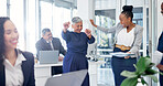 Excited, dance and business people with paperwork in office, achievement or happy for court judgment. Legal attorney, rhythm and laughing with tech in law firm, success and celebration with team