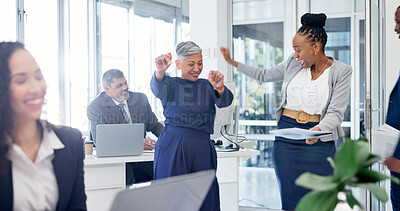Buy stock photo Excited, dance and business people with paperwork in office, achievement or happy for court judgment. Legal attorney, rhythm and laughing with tech in law firm, success and celebration with team