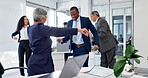 Dance, celebration and business people with smile in office, achievement or happy for court judgment. Law firm, lawyers and laughing with group, collaboration and excited for legal success and win