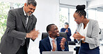 Business people, applause and laugh with laptop in office, lawyer or happy for court judgment on web. Clapping, legal attorney and excited with tech in law firm, achievement and celebration with team
