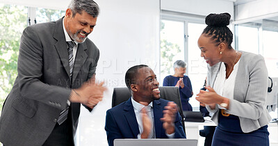 Buy stock photo Business people, applause and laugh with laptop in office, lawyer or happy for court judgment on web. Clapping, legal attorney and excited with tech in law firm, achievement and celebration with team