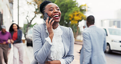 Buy stock photo Laughing, businesswoman and phone call in city, chat and communication with contact for real estate. Outdoor, realtor and person with mobile, property investment and funny conversation on street