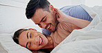 Relax, smile or couple in bed with cuddle, romantic moment or bonding together on weekend break. Chilling, comfy or people in house with love, partner care or tender connection in happy relationship.