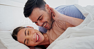 Buy stock photo Relax, smile or couple in bed with cuddle, romantic moment or bonding together on weekend break. Chilling, comfy or people in house with love, partner care or tender connection in happy relationship.