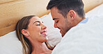 Wake up, love and relax with couple in bedroom of home for bonding, support and connection. Trust, romantic partner and happiness with man and woman in bed in house for wellness, care and loyalty 