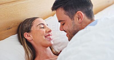 Buy stock photo Wake up, love and relax with couple in bedroom of home for bonding, support and connection. Trust, romantic partner and happiness with man and woman in bed in house for wellness, care and loyalty 