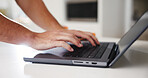 Remote work, laptop or hands in home with keyboard, funding review or portfolio update on digital site. WFH, man or finance advisor in house with tech, investment inquiry or feedback in client email.