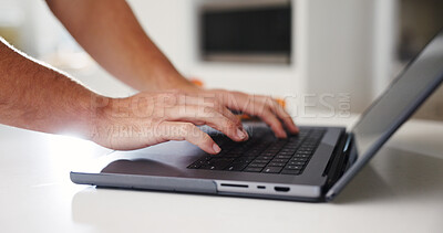 Buy stock photo Remote work, laptop or hands in home with keyboard, funding review or portfolio update on digital site. WFH, man or finance advisor in house with tech, investment inquiry or feedback in client email.