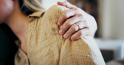 Buy stock photo Hand, couple and hug for love, marriage commitment or support with partner in living room. Trust, people and embrace at home with ring for loyalty, healthy relationship or security with connection