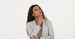 Businesswoman, thinking and choice in studio, doubt and planning for investment or white background. Uncertain, wealth manager and person with ideas for financial growth, remember and mockup space