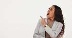 Wow, advertising and businesswoman with pointing in studio for job post, recruiting or opportunity. Surprised, HR manager and show mockup space for vacancy benefits, info or offer on white background