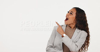 Buy stock photo Wow, advertising and businesswoman with pointing in studio for job post, recruiting or opportunity. Surprised, HR manager and show mockup space for vacancy benefits, info or offer on white background