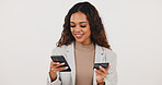 Credit card, phone and businesswoman in studio with online shopping, ecommerce and subscription payment. Space, debit and female person with cellphone for order on retail website by white background.
