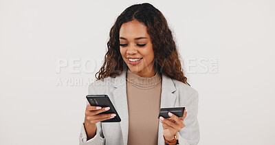 Buy stock photo Credit card, phone and businesswoman in studio with online shopping, ecommerce and subscription payment. Space, debit and female person with cellphone for company order on website by white background
