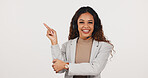 Advertising, headset and agent pointing in studio for contact us, live chat info and help desk. Woman, happy portrait or show mockup space for customer care, FAQ or service update on white background