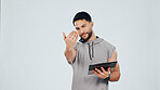 Man, clipboard and join us for fitness in studio, gym membership document or about us in portrait. Personal trainer, sign up paperwork or exercise club with invite, gesture and background space