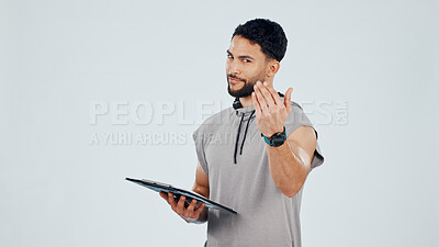 Buy stock photo Man, clipboard and join us for exercise in studio, gym membership document or about us in portrait. Personal trainer, sign up paperwork or fitness club with invitation, gesture and background space