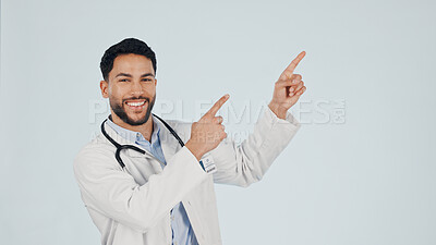 Buy stock photo Medical, pointing or man with portrait, treatment list or reminder in healthcare information. Steps, mockup space or doctor with instruction, recovery plan or wellness insight on studio background.