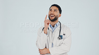 Buy stock photo Idea, doctor and man in studio, healthcare insight or vision on white background with mockup space. Thoughts, medical worker and happy person planning with solution, thinking and wellness decision