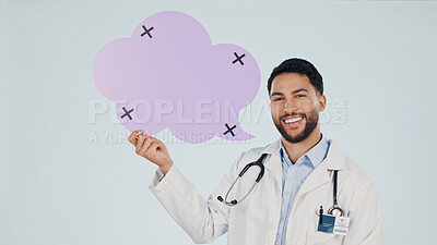 Buy stock photo Speech bubble, portrait and doctor in studio with space, announcement or healthcare advice. Happy, social media and man with sign for news, information or tips for medical service on white background