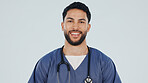 Smile, portrait or doctor in studio with pride, ambition or about us in medical industry. Healthcare, space or male person with confidence, career growth or wellness practitioner on white background.