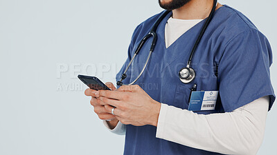 Buy stock photo Hands, nurse and phone in studio for healthcare report, patient history or insurance records. Mobile, medical worker and man with wellness app, online communication and space on white background
