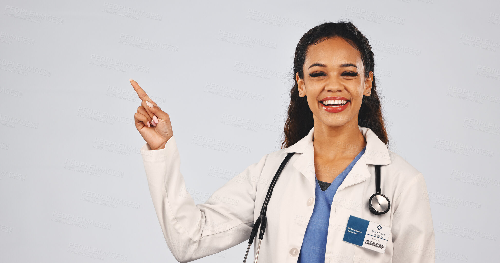 Buy stock photo Medical, pointing or doctor with portrait, treatment list or reminder in healthcare information. Mockup space, surgeon or woman with instruction, recovery plan and wellness steps on studio background