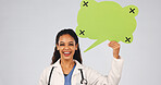 Doctor, woman or smile with speech bubble in studio for proactive health, clinical advice or FAQ. Mockup space, professional and poster portrait on white background for medical info, opinion or forum