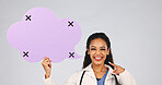 Speech bubble, portrait and pointing with doctor in studio for medical opinion, mockup and news. Healthcare chat forum, social media and announcement with person on white background for quote space