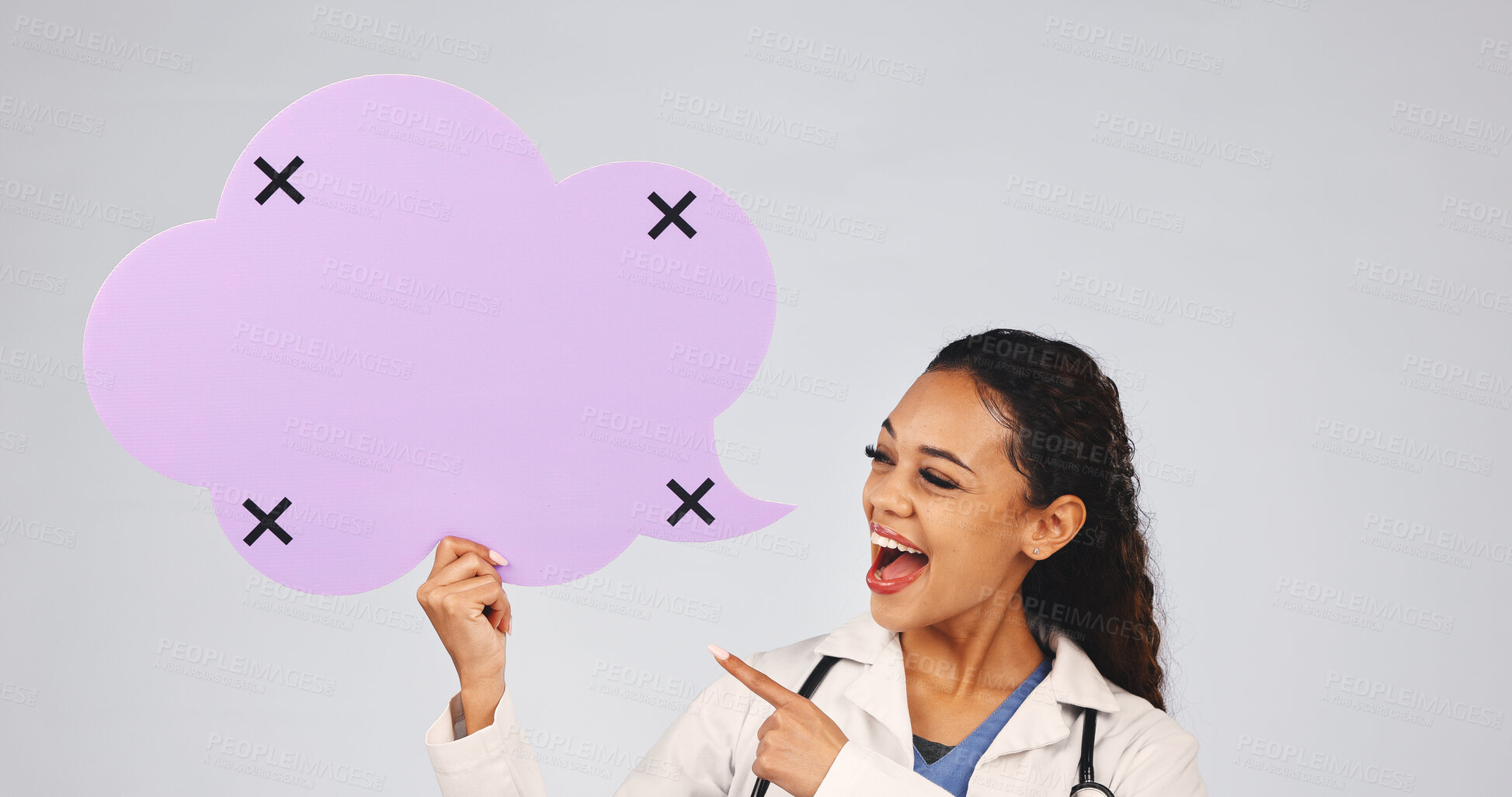 Buy stock photo Speech bubble, doctor and pointing with woman in studio for medical opinion, mockup and news. Healthcare chat forum, social media and announcement with person on white background for quote and space