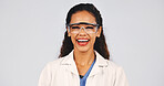 Scientist, portrait of woman in studio with goggles, lab coat and ppe for medical research with space. Happy, healthcare and person with protection, safety gear and chemistry job on white background