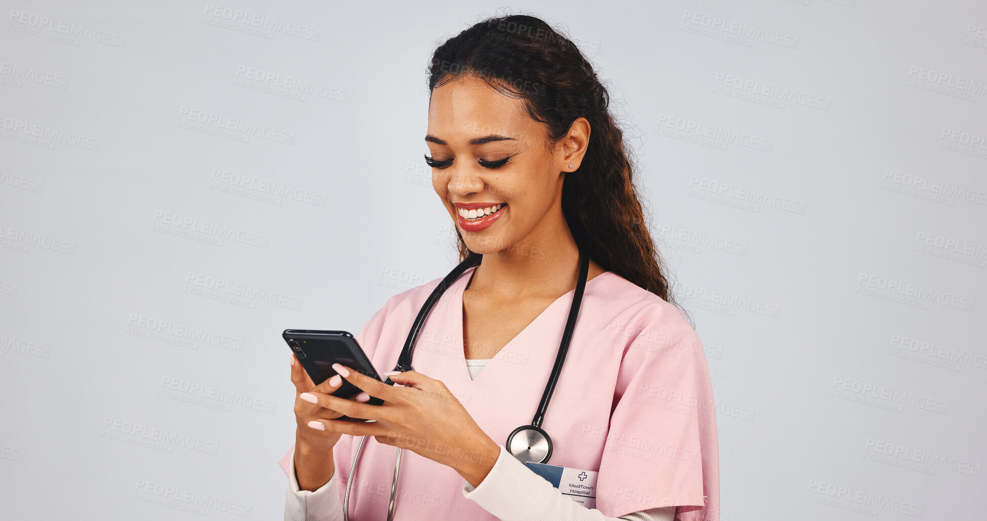 Buy stock photo Medical, happy or woman in studio with phone, record review or patient diagnosis in online consultation. Healthcare, space or doctor with tech, telehealth or treatment research on white background.