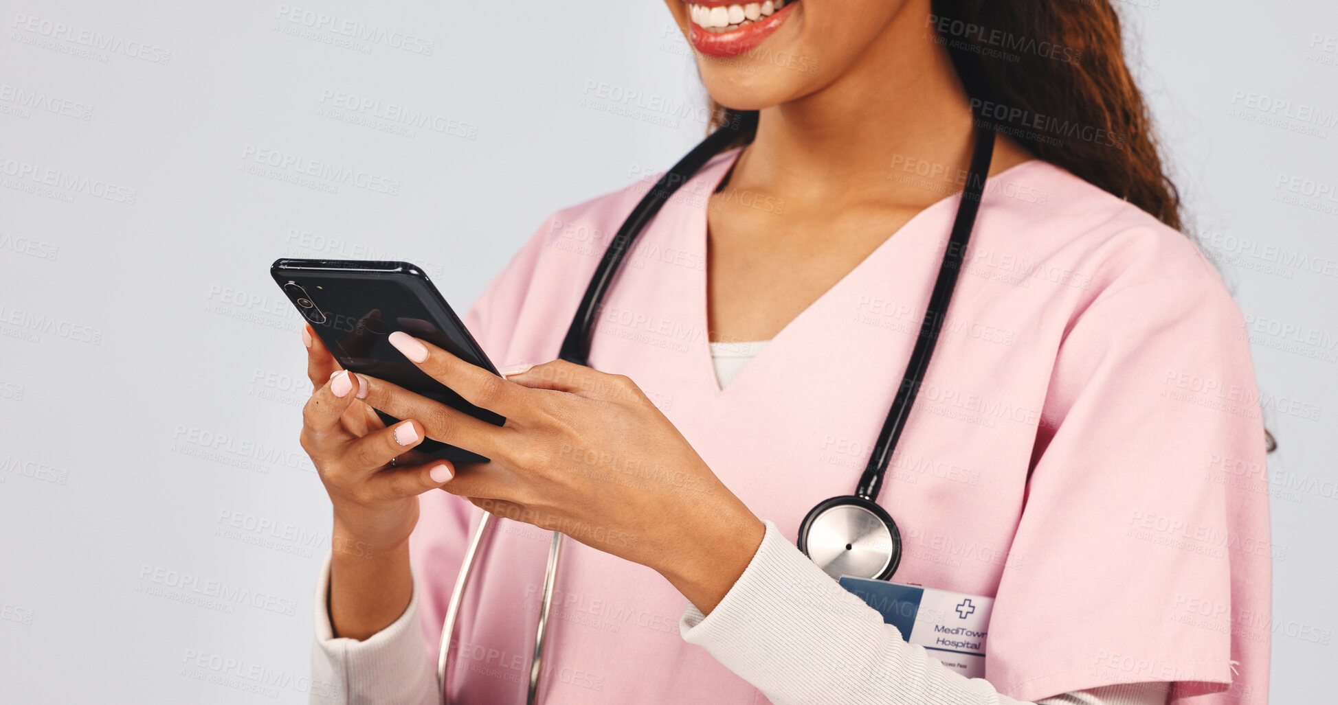 Buy stock photo Medical, message or hands in studio with phone, record review or patient diagnosis in online consultation. Healthcare, woman or doctor with tech, telehealth or treatment research on white background.