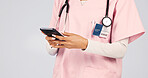 Medical, text or hands in studio with phone, record review or patient diagnosis in online consultation. Healthcare, woman or doctor with tech, telehealth or treatment research on white background.