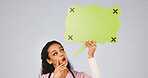 Doctor, woman or talk with speech bubble in studio for expert opinion, medical info or mockup space. Communication, professional and poster chat on white background for health FAQ, advice and quote
