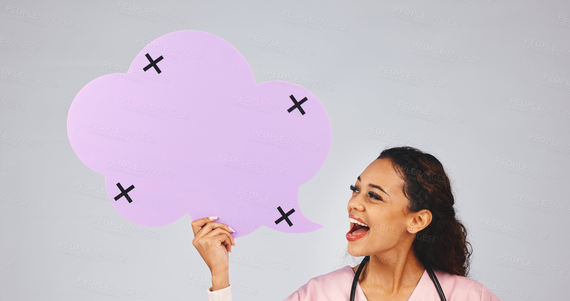 Buy stock photo Nurse, woman or medical speech bubble in studio for announcement, health campaign or update. Excited, professional or poster mockup on white background for pediatric outreach, healthcare news or info