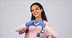Health, doctor or happy with heart hands in studio for medical support, pediatric care or trust. Pediatrician, woman and portrait with love emoji on white background for safety, integrity and mockup