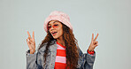 Fashion, portrait and happy woman with peace sign in studio for clothing on a gray background. Female person, hipster or funky style with smile, sunglasses or emoji for cool accessory, swag or vibe