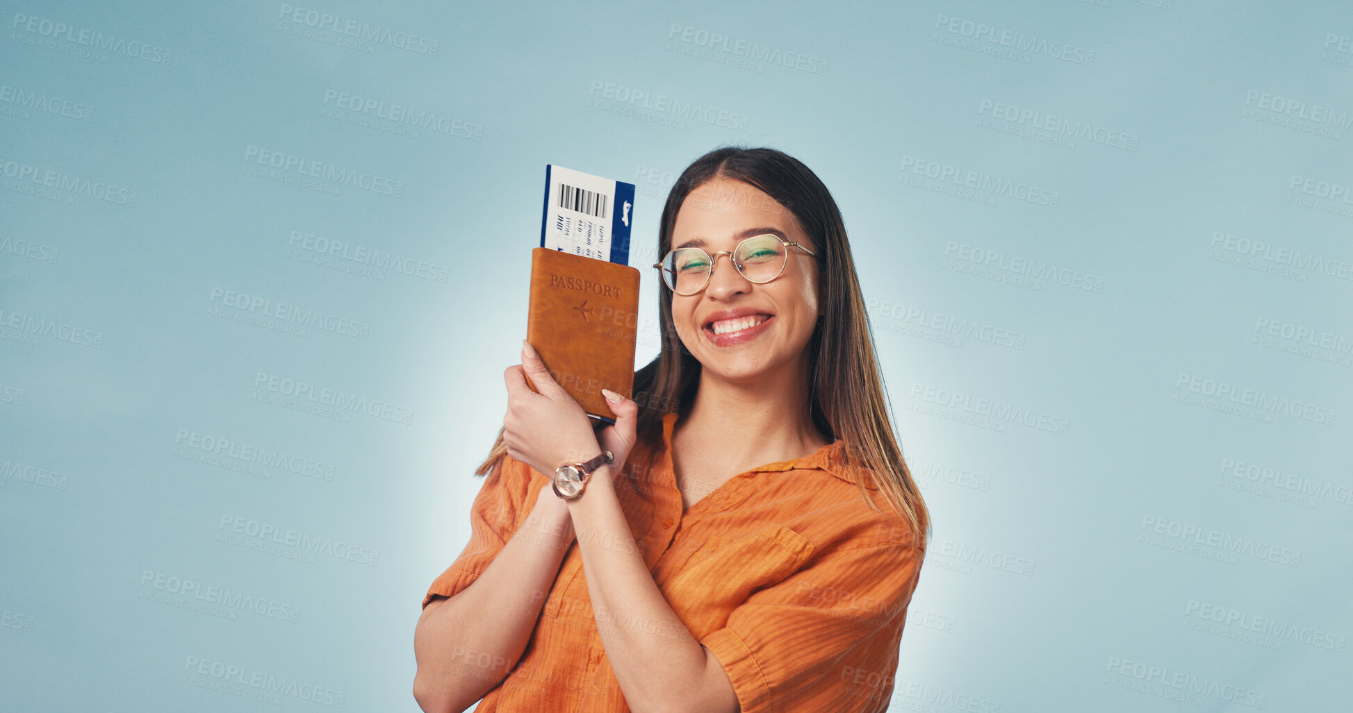 Buy stock photo Pride, smile or woman in studio with passport, entry record or boarding pass in travel goals. Flight ticket, space or person with confidence, granted permit or tourist milestone on blue background.