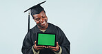 Green screen, tablet and black man for graduation with education tips, FAQ or blog in studio. Mockup space, digital technology and student with advice on college achievement by blue background.