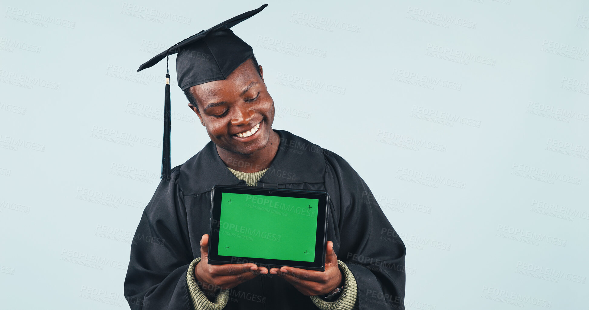 Buy stock photo Green screen, tablet and black man for graduation with education tips, FAQ or blog in studio. Mockup space, digital technology and student with advice on college achievement by blue background.