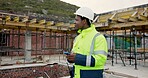 Architect, thinking and man with phone on roof, building inspection or planning for home renovation. Civil engineer, reflection and black person with mobile, construction and property development